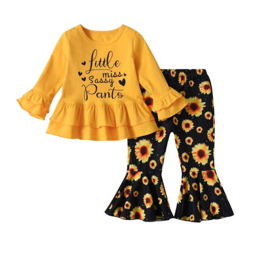 Toddler Baby Girl Clothes Letter Long Sleeve Ruffle Tops Floral Bell-Bottoms Pants Outfits Set Yellow 12-18 Months
