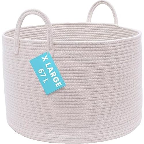 OrganiHaus Large Woven Storage Basket for Blankets and Toys 20" x 13" Inch, Rope Laundry Basket with Handles, Cushions & Pillows Storage Bin, Nursery Hamper, Soft Round Dog Toy Bin - Off-White