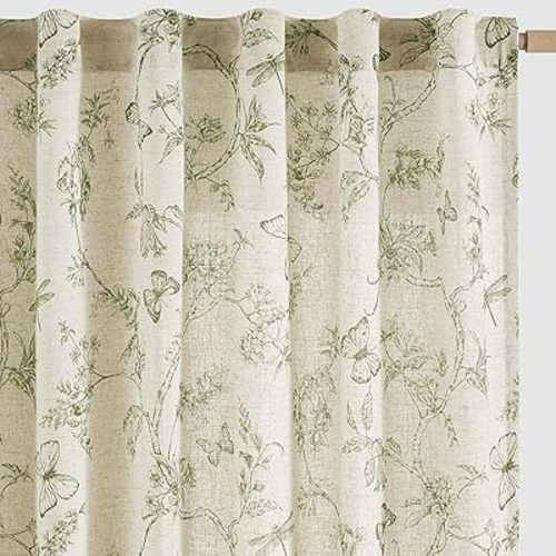 jinchan Floral Linen Curtains for Living Room 84 Inch Length Printed Toile Curtain Sage Green Light Filtering French Country Farmhouse Curtain Patterned Drapes Bedroom Back Tab Rod Pocket 2 Panels