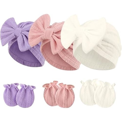 Newborn Baby Hats and Mittens Set Infant Bow Beanie Cap Toddler Gloves Newborn Hospital Hats for Baby Boy Girl 0-12 Months