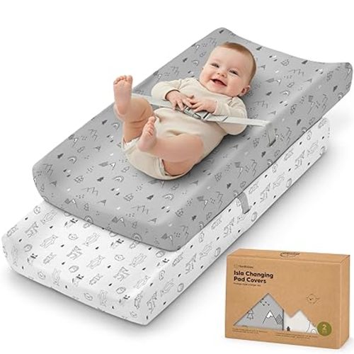 2-Pack Baby Changing Pad Cover for Girl, Boy - 34x18 Soft Viscose Derived from Bamboo Baby Diaper Changing Table Pad Cover Sheets, Neutral, Snug Fit Nursery Diaper Change Sheets (Woodland)