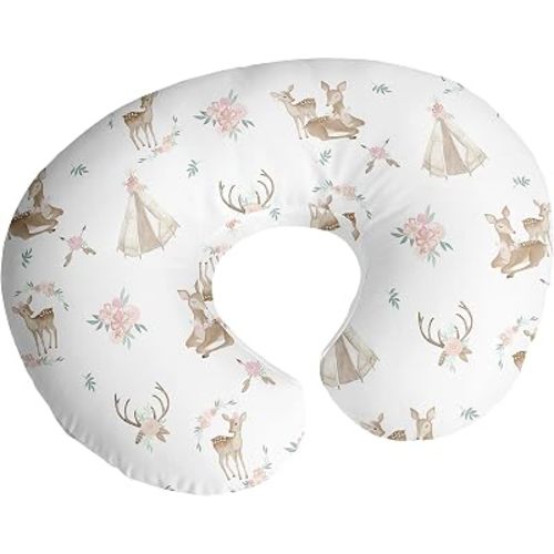 Sweet Jojo Designs Woodland Deer Floral Nursing Pillow Cover Breastfeeding Pillowcase for Newborn Infant Bottle Breast Feeding Pillow NOT Included - Blush Pink Mint Green Boho Watercolor Forest Animal