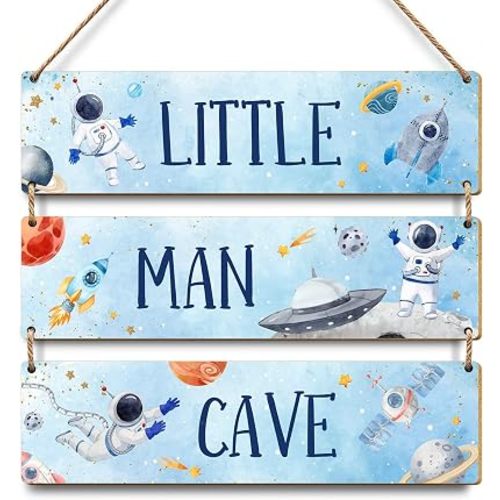Little Man Cave Sign Space Boys Room Decor, Astronaut Theme Bedroom Nursery Decoration Hanging Wall Art, Wooden Plaque Hanging Motivational Kids Bedroom Wall Sign for Kids Teenage Toddler-8