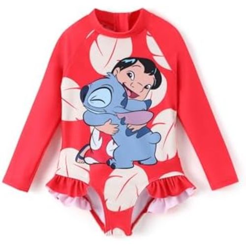 Disney Frozen Stitch Princess Minnie Mouse Girls Swimsuit Long Sleeve Rashguard UPF 50 One Piece Bathing Suit Size 3M-13Y