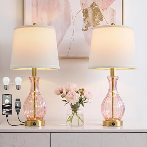 Oneach 22" Pink Glass Table Lamps with Fairy Lights for Bedroom Nightstands