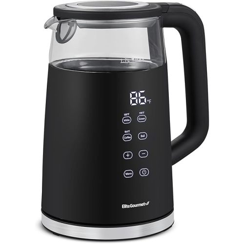 Elite Gourmet 1.7L Dual Wall Cool Touch Electric Tea Kettle, Borosilicate Glass, 304 Stainless Steel Interior, Programmed Digital Touchscreen, Keep Warm, Auto Off & Audible Indicator, Black
