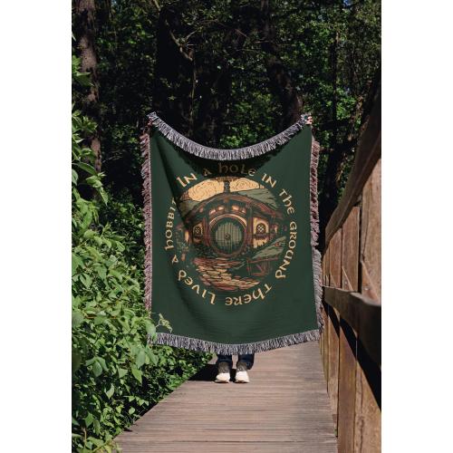 Green Round Door Woven Blanket: Halfling Burrow Tapestry - Cottagecore Hillside Art - Cozy Bookish Decor - Fantasy Book Gift