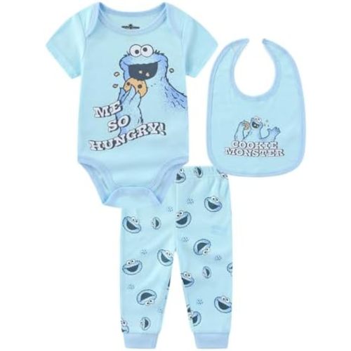 Sesame Street Cookie Monster Baby Boys Bodysuit with Bib and Pants 3 Piece Set for Newborn Infants