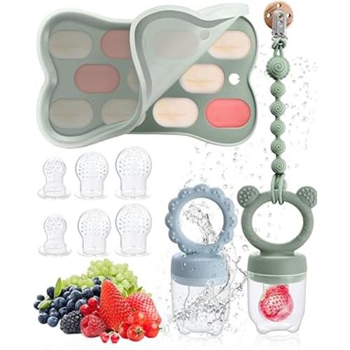 Mittimiya 2 Pack Baby Fruit Food Feeder & Baby Popsicle Mold & Pacifier Chain, Breastmilk Popsicle Molds for Cooling Relief, BPA Free Silicone Feeder for Teething & Infant Self Feeding