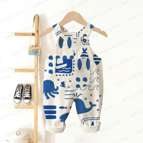 Baby Toddler White Ocean Animal Woven Overalls