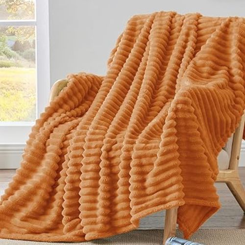 BEDELITE Ribbed Fleece Fall Twin Blanket, Burnt Orange, 60"x80"
