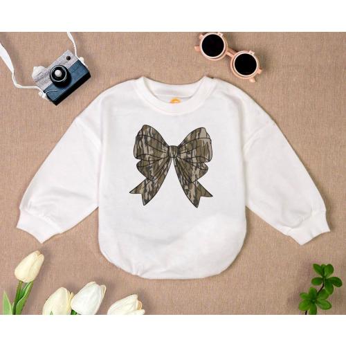 Camo Bow Baby Romper Sweatshirt: Handmade Girls Bodysuit
