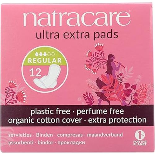 Natracare Ultra Extra Pads with Wings, Regular, Individually Wrapped, Made with Certified Organic Cotton, Ecologically Certified Cellulose Pulp and Plant Starch (1 Pack, 12 Pads Total)