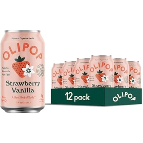 OLIPOP Prebiotic Soda Pop, Strawberry Vanilla, A New Kind of Soda Packed with Prebiotics, Fiber, and Botanicals, Gluten Free, Vegan, GMO Free, 12oz (12-Cans)