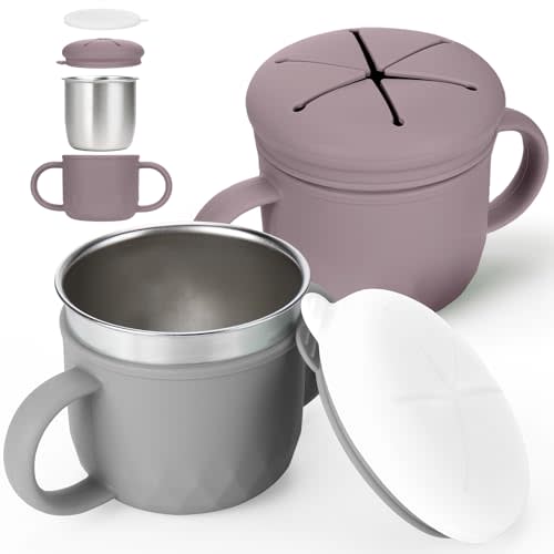 Mity rain 2-Pack Stainless Steel Snack Containers, 4-in-1 Spill proof Snack Cups With Silicone Lid and Handle, Dishwasher Safe Travel Snack Containers for Kids and Infants (Purple + Gray)
