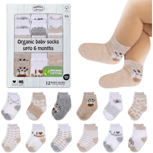 Mother's Choice Lot de 12 paires de chaussettes unisexes en coton bio pour bébé de 0 à 6 mois – Chaussettes douces et hypoallergéniques pour nouveau-né et nourrisson – Cadeaux pour bébé fille et