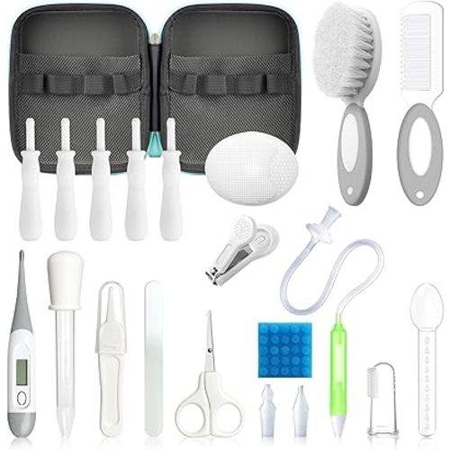 Baby Healthcare and Grooming Kit, 21 in 1 Portable Baby Essentials Kit with Gas Relief Hair Brush Comb Nasal Aspirator for Newborn Boys Girls (Grey White)