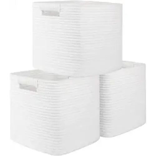 OIAHOMY Storage Cubes 11 Inch - 3 Pack, Cotton Rope Woven Baskets for Organizing, Square Storage Baskets for Shelves Organizer, Classroom, Kids Toy Bins, Closet, Baby Nursery-White