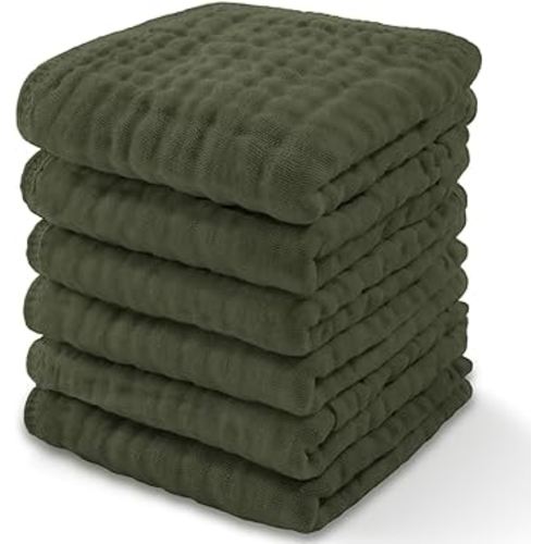 Comfy Cubs Muslin Baby Washcloths 6 Pack - Soft 6-Layer Cotton Wash Cloths for Sensitive Skin - 10"x10" Large, Gentle, Absorbent Infant Essentials for Newborn and Toddlers - Kelp