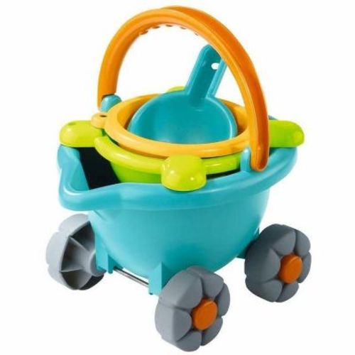 HABA Sand Bucket Scooter - 4 Piece Nesting Beach Toy Set, Toddler Beach Essentials with Sand Bucket, Sieve, Shovel, & Pail on Wheels for Toddlers 1-3