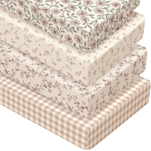Peryiter 4 Pack Crib Sheets Brown Retro Floral Soft Baby Bed Sheet Set 52'' x 28" Nursery Crib Sheets for Standard Bed Toddler Mattress Nursery Decor Boys Girls Kids