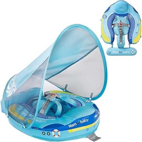 Mambobaby Float with Canopy UPF 50+, Solid Non Inflatable Baby Pool Float with Tail, Infant Waist Swim Ring Swim Trainer for Toddlers (Steamship-Blue)