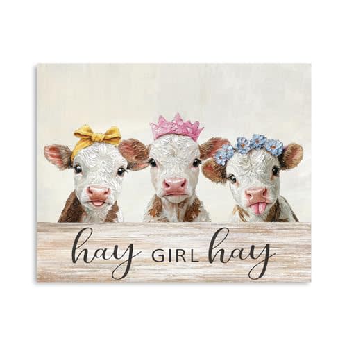 B BLINGBLING Funny Cow Wall Art | Farmhouse Animal Canvas Decor | Girls Room Kitchen Bedroom Bathroom Nursery | Rustic Country Cow Print | Cute Cowgirl Gift for Women | Western Home Sign | 16x12 Inch