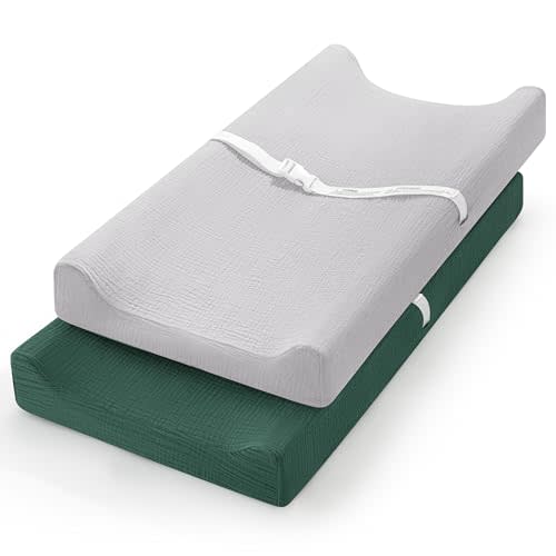 Pro Goleem Muslin Changing Pad Cover for Boys and Girls, Soft Breathable Fitted Cotton Diaper Changing Table Pad Sheets, Neutral, 2 Pack (Grey&Green)
