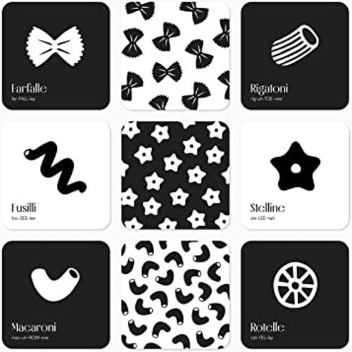 Pasta for Baby High Contrast Cards Sensory Toy Learning Activity Large Black and White Flash Cards Newborn Tummy Time Play 0+ Months Infant Essentials Curious Baby Activity Gift Set