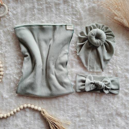 Baby Swaddle Set in Soft Seafoam- Swaddle, Knotted Headwrap, Headband, Beanie - Baby Girl, Baby Boy, Gender Neutral