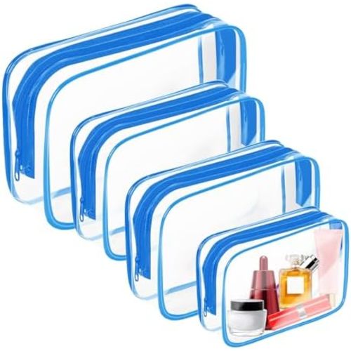 AURUZA 4 Pack Clear Toiletry Bag,Portable Travel Makeup Bags with Zipper, TSA Approved Clear Organizer Bags, PVC Cosmetic Pouch for Airport Airline Compliant (4 Packs Blue)