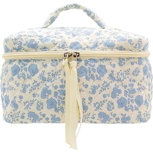 PAZIMIIK Cotton Makeup Bag for Women Large Quilted Travel Cosmetic Case Girls' Make Up Organizer,Little Flower Blue