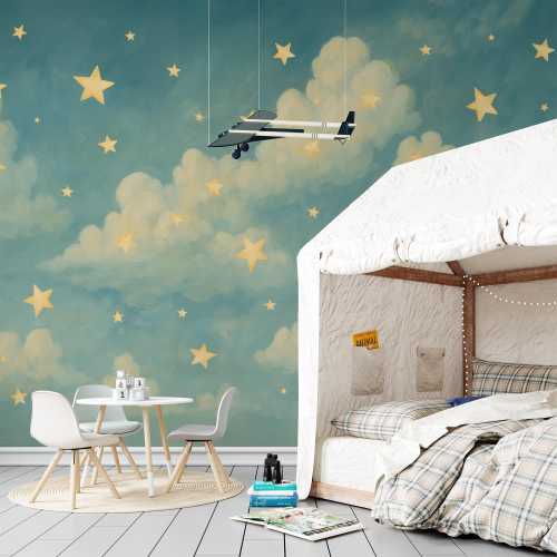 Night Sky Wallpaper for Nursery Decor, Sky Clouds Wallpaper Mural Baby Room Decor, Starry Night Bedroom Wallpaper Peel and Stick