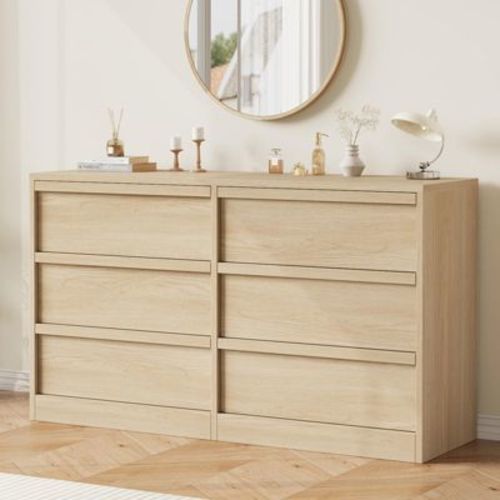 Garvee Modern Double Dresser Organizer with 6 Drawers Large Storage, Wooden Chest of Drawers for Living Room, Bedroom, Nursery, Hallway
