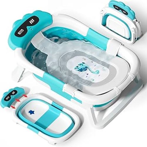 AVIDOR Baby Bathtub,Collapsible Bathtub for Newborn to Toddler,Durable Essential Infant Bath Tub,Portable Travel Baby Tub with Soft Bath Net,No-Slip Feet and Dinosaur Shaped (Light Blue)