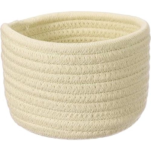 uxcell Khaki Small Cotton Rope Woven Storage Basket, Shelf Closet Storage Gift Woven Baskets Cute Nursery Box Bin Decor Organization Bin for Home Supply, Round, 5.6x3.6