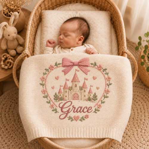 Custom Embroidered Princess Castle Baby Blanket, Personalized Name Nursery Blanket, Royal Baby Girl Newborn Gift