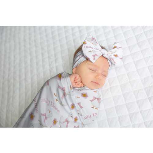 PERSONALIZED GOOSE SWADDLE Blanket, Goose Pink Bow Swaddle Hat Headband, Baby Girl Gift, Silly Goose Baby Blanket, Girl Name Swaddle