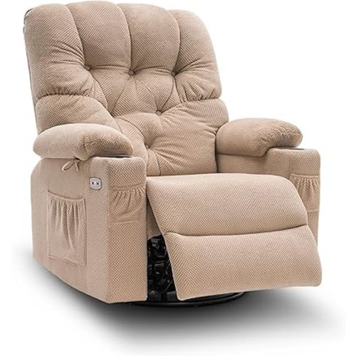 MCombo Electric Power Swivel Glider Rocker Recliner Chair with Cup Holders for Nursery, Hand Remote Control, USB Ports, 2 Side & Front Pockets, Plush Fabric 7797 (Beige)