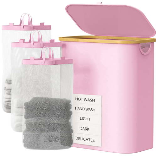 Pink Laundry Hamper With Lid, 160L Large Capacity With Removable Bags And Washable Bags, 5 Labels For Clothes Sorting, Laundry Basket For Bedroom, Laundry Room, Small Apartment Laundry Sorter
