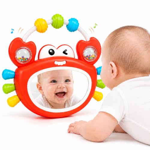 Tummy Time Toys for Babies 0-12 Months, Baby Mirror Toy with Light Music, Infant Sensory Toy with Teether Rattle for Grasping, Developmental Activity Toys for Newborn Baby Gifts Boys Girls