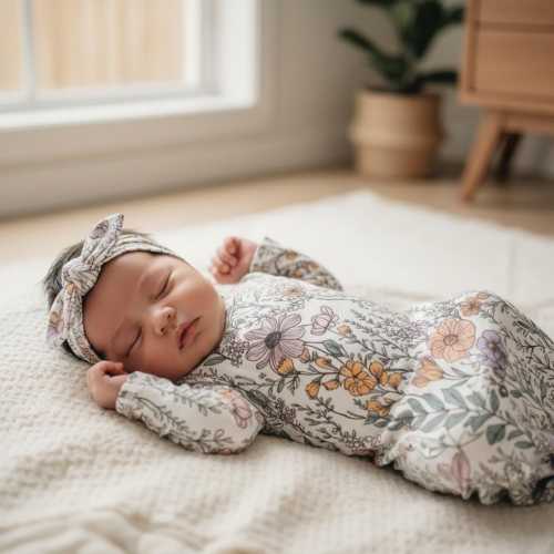 Wild Flower Bamboo Knotted Gown With Bow, Vintage Floral Baby Girl Coming Home Outfit