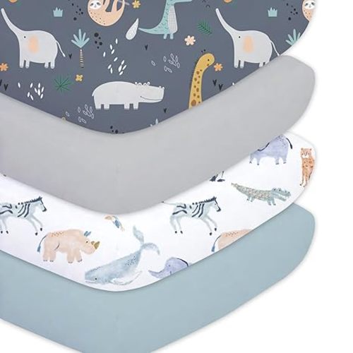 Plushii Crib Sheets for Baby Boys 4 Pack, 28"x 52" Extra Soft Microfiber Crib Sheet Set for Standard Crib & Toddler Mattress Pad, Dinosaur & Elephant & Stars & Navy Blue