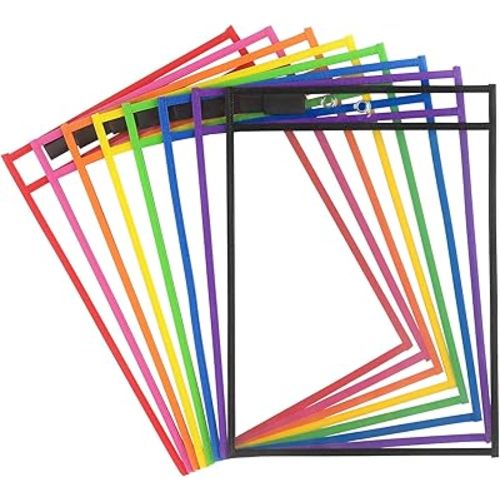 Tamaki 8 Pack Dry Erase Pockets Sleeves with Rings, 10 x 14 Inch Ticket Holders Clear Plastic Sheet Protectors for Teacher Classroom Supplies, 8 Assorted Colors
