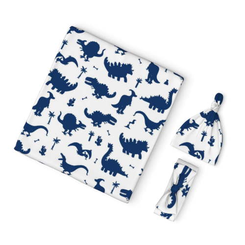 Rocae Cute Cartoon Dinosaur for Newborn Swaddle Set with Matching Beanie Hat and Headband Bow Baby Blanket Set Soft and Cozy Baby Swaddle Nursery Hat