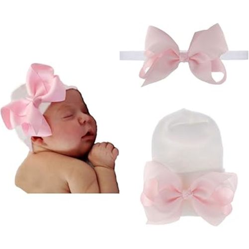 2PCS Newborn Baby Hat Infant Caps Boy Girl Toddler Hospital Hats Bow Double Layer Knit Beanie Cap With Headband for 0-3 Months(pink with white, elastic)