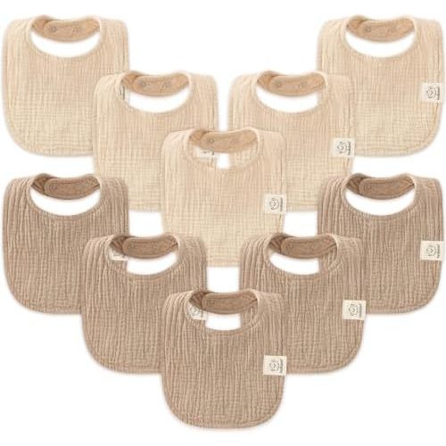KeaBabies 10-Pack Muslin Baby Bibs for Drooling and Teething (Ecru)