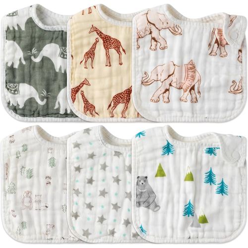 Zainpe 6Pcs Snap Muslin Cotton Baby Bibs Bear Fox Infants Drooling Bib Soft Absorbent Adjustable Burp Cloth Machine Washable Feeding Cloths for Newborn Girl Boy Toddler Teething Eating 0 to 36 Months