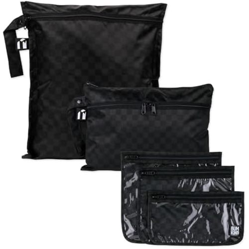 Bumkins and Roamio Waterproof Wet Bag, Wet/Dry Clutch & Clear Travel Bags - For Beach, Baby, Travel, Cloth Diapers, Pump Parts, Pool, Gym, Toiletries - Reusable & Easy to Clean - Black Check - 5 Pack