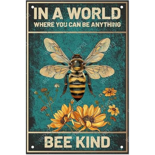 Floral and Bee Metal Signs In A World Where You Can Be Anything Funny Vintage Tin Sign Retro Wall Decor for Bee Lovers Room 8×12 Inches